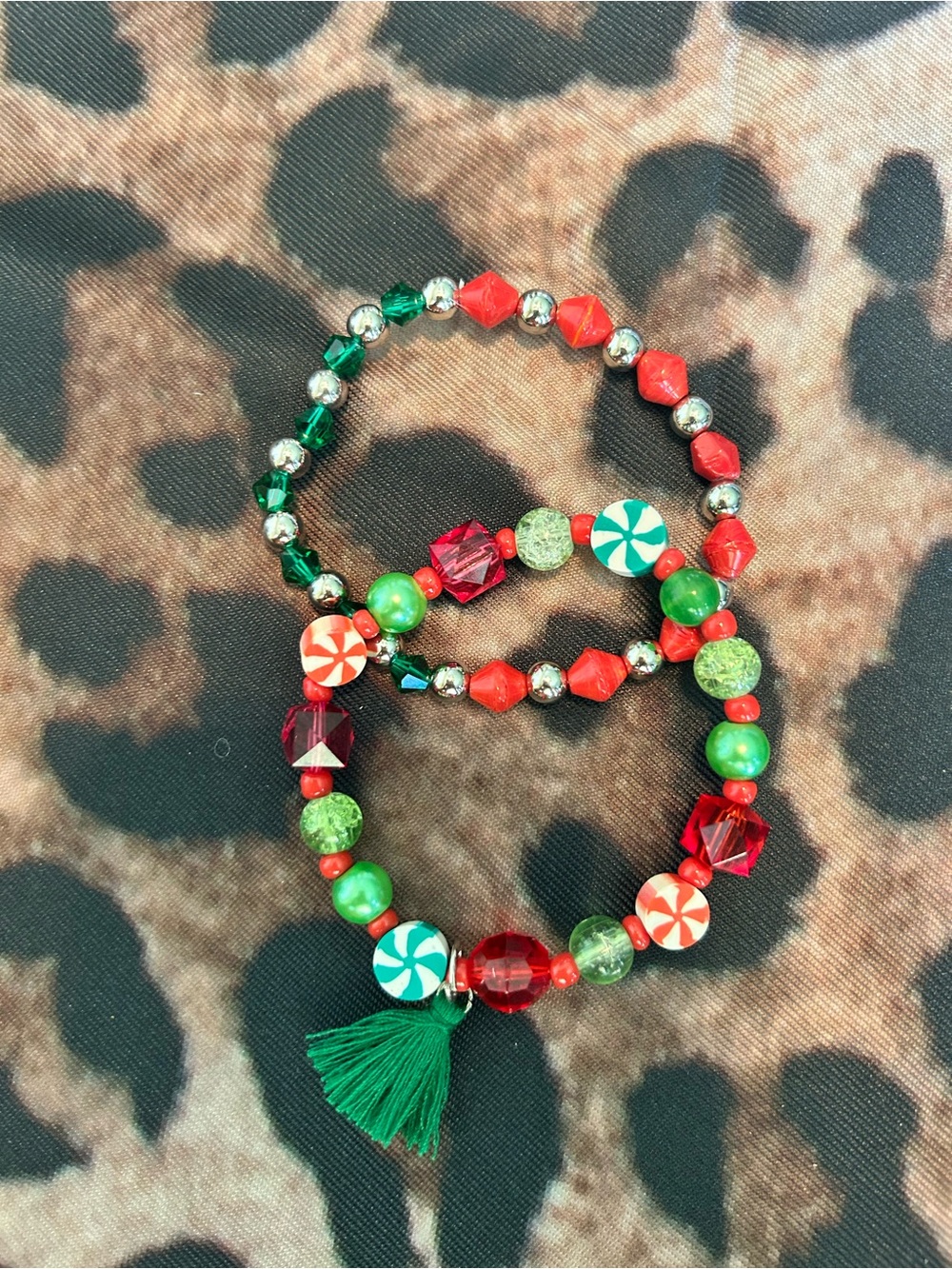 Hand Crafted Red, Green and Silver Festive Bead Bracelets with Green Tassel